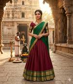 Maroon Kanci cottan blend half saree with traditional gold zari weaving work 