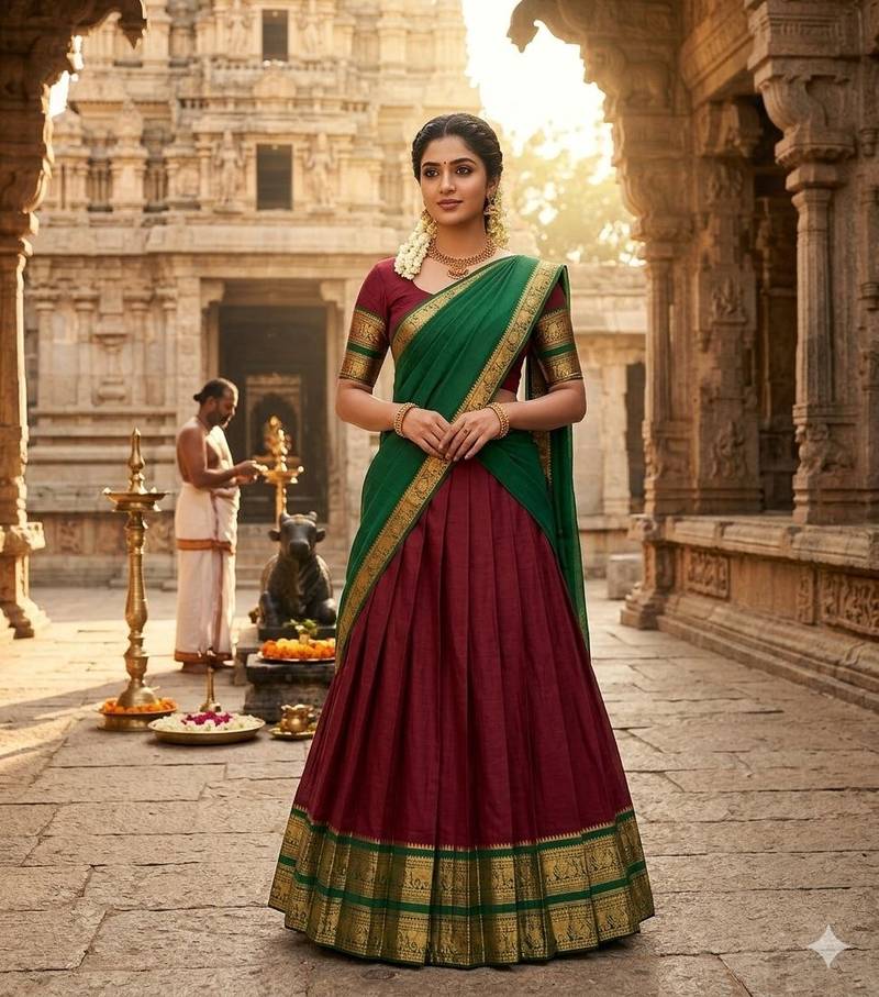 Maroon Kanci cottan blend half saree with traditional gold zari weaving work 