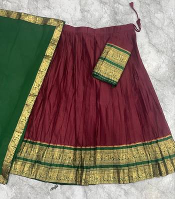 Maroon Kanci cottan blend half saree with traditional gold zari weaving work  2