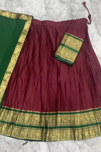 Maroon Kanci cottan blend half saree with traditional gold zari weaving work 