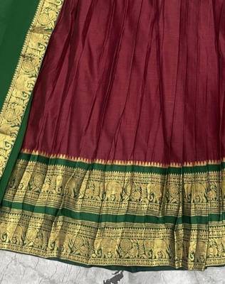 Maroon Kanci cottan blend half saree with traditional gold zari weaving work  5