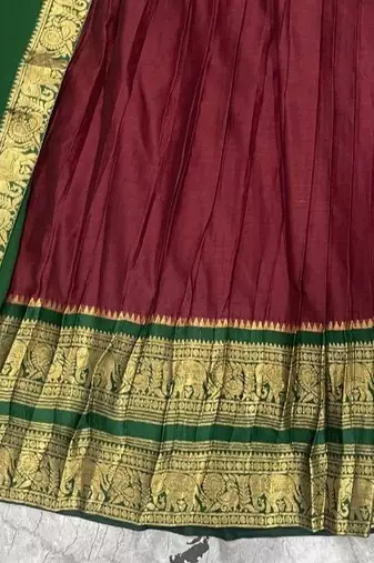 Maroon Kanci cottan blend half saree with traditional gold zari weaving work 