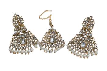  White stone studded and white pearl embellished earrings with maang tikka set for women 2