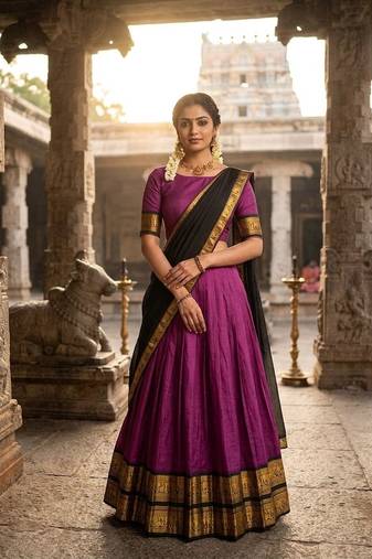 Rustpink & Black Kanci cottan blend half saree with traditional gold zari weaving work
