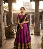 Rustpink & Black Kanci cottan blend half saree with traditional gold zari weaving work
