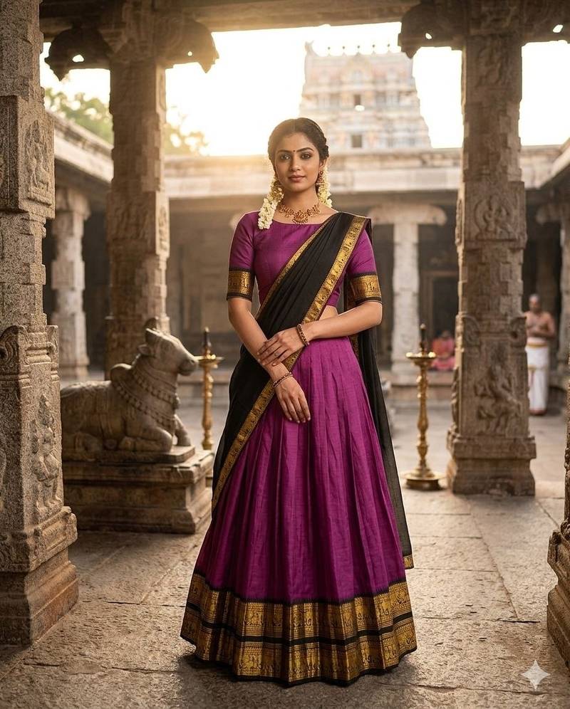 Rustpink & Black Kanci cottan blend half saree with traditional gold zari weaving work