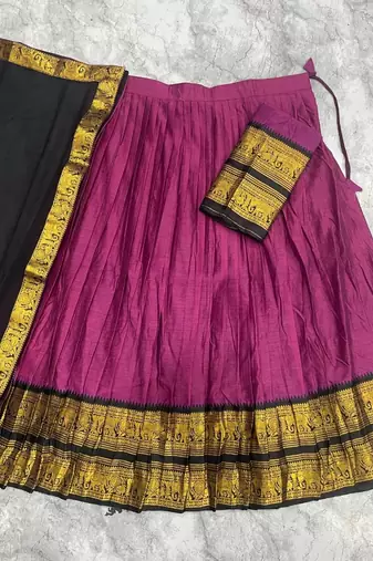 Rustpink & Black Kanci cottan blend half saree with traditional gold zari weaving work