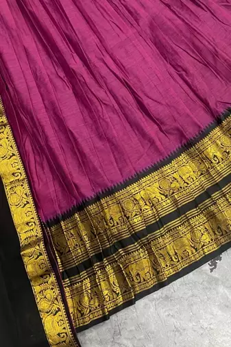 Rustpink & Black Kanci cottan blend half saree with traditional gold zari weaving work