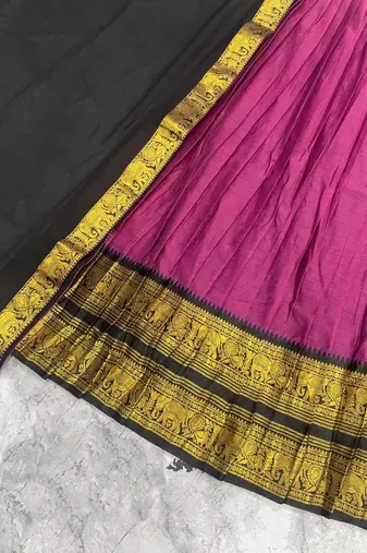 Rustpink & Black Kanci cottan blend half saree with traditional gold zari weaving work