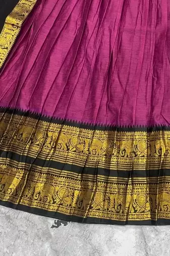 Rustpink & Black Kanci cottan blend half saree with traditional gold zari weaving work