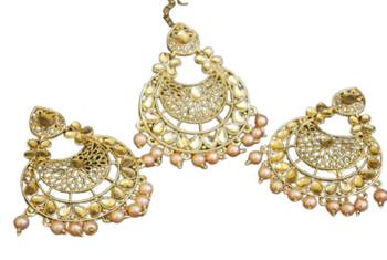 Rose Gold Pearl earring-Maang Tikka Jewellery set.  2