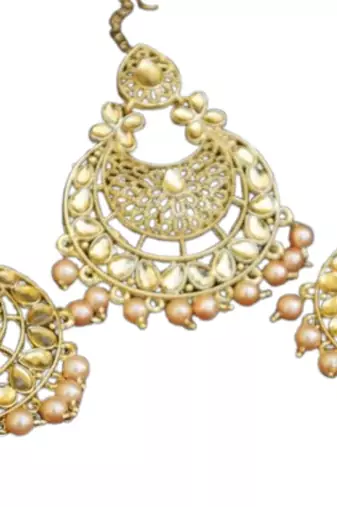 Rose Gold Pearl earring-Maang Tikka Jewellery set. 