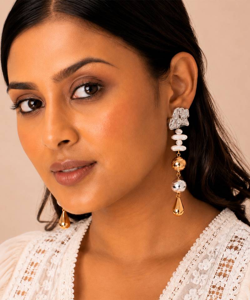 Dual tone metallic long drop earrings
