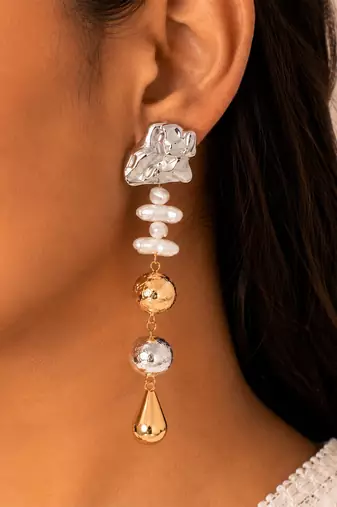 Dual tone metallic long drop earrings