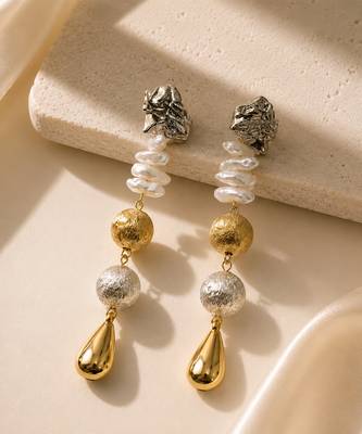 Dual tone metallic long drop earrings 3