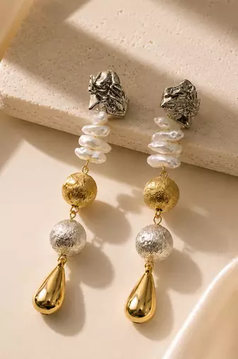 Dual tone metallic long drop earrings