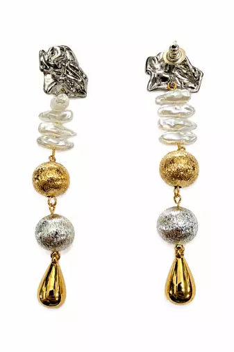Dual tone metallic long drop earrings