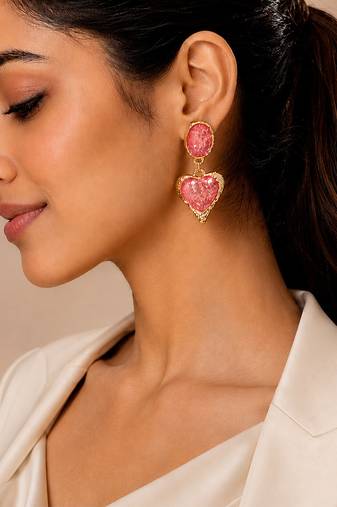 Pink stones heart drop earrings