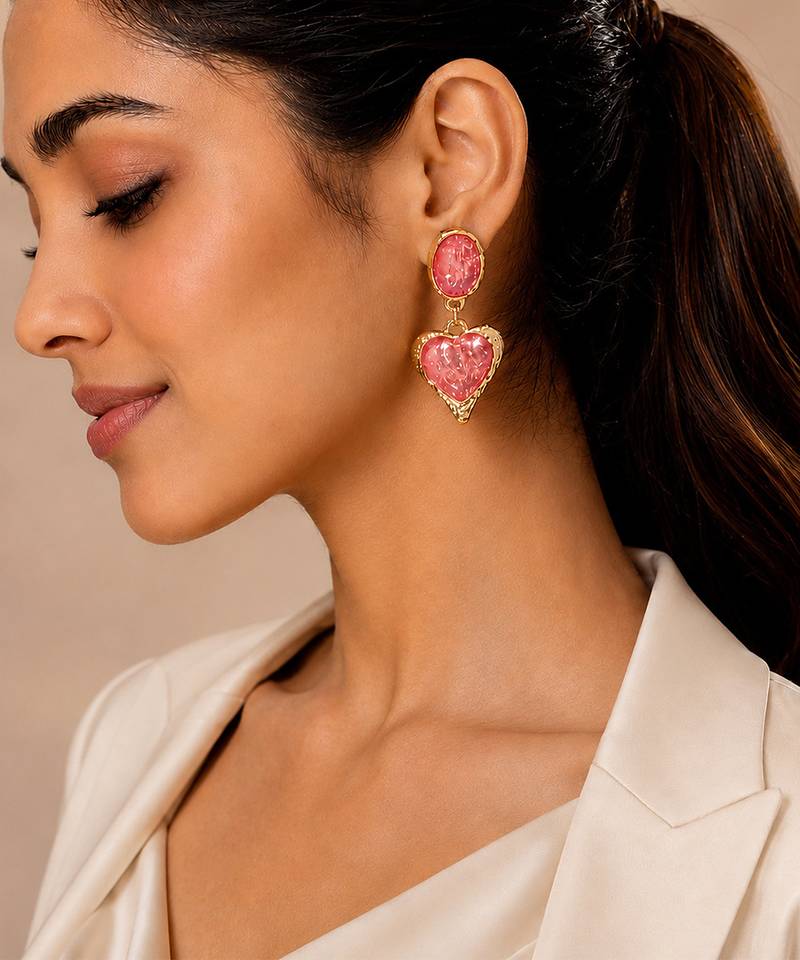 Pink stones heart drop earrings