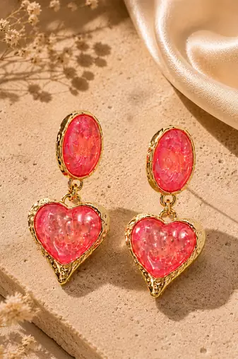 Pink stones heart drop earrings