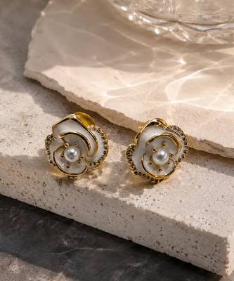White petals metallic floral stud earrings 3