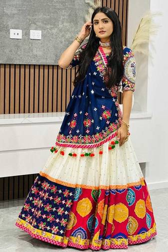 Cream colour Muslin Cotton Digital Print Lehenga Choli with Mirror Work Dupatta