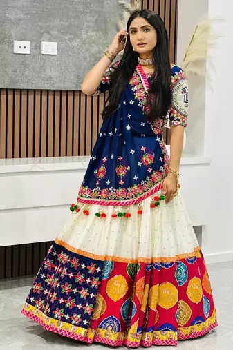 Cream colour Muslin Cotton Digital Print Lehenga Choli with Mirror Work Dupatta