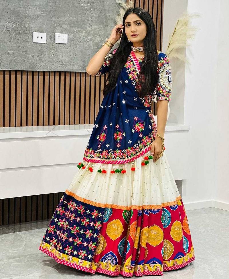 Cream colour Muslin Cotton Digital Print Lehenga Choli with Mirror Work Dupatta