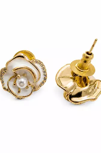 White petals metallic floral stud earrings