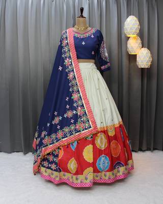 Cream colour Muslin Cotton Digital Print Lehenga Choli with Mirror Work Dupatta 2