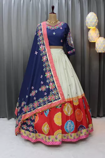 Cream colour Muslin Cotton Digital Print Lehenga Choli with Mirror Work Dupatta