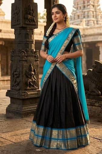 Blue & Black Kanci cottan blend half saree with traditional gold zari weaving work