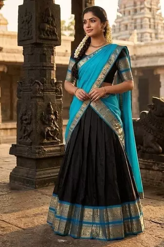 Blue & Black Kanci cottan blend half saree with traditional gold zari weaving work