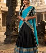 Blue & Black Kanci cottan blend half saree with traditional gold zari weaving work