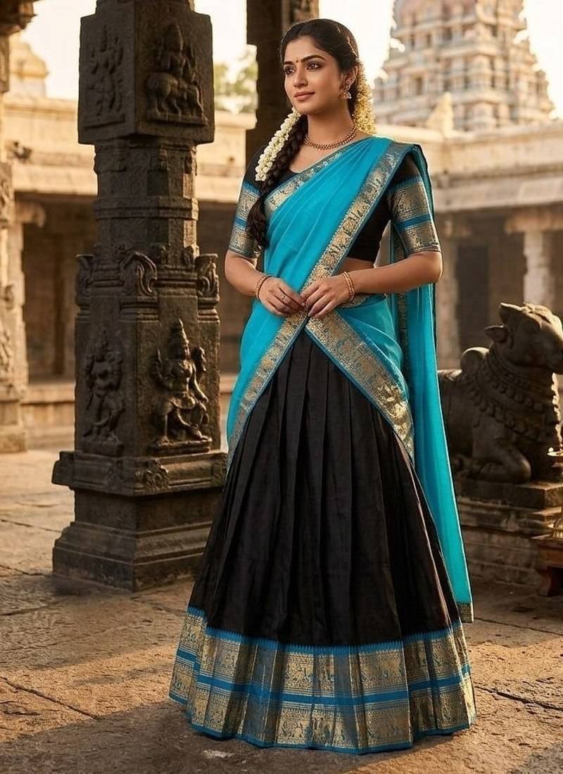 Blue & Black Kanci cottan blend half saree with traditional gold zari weaving work