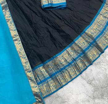 Blue & Black Kanci cottan blend half saree with traditional gold zari weaving work 3