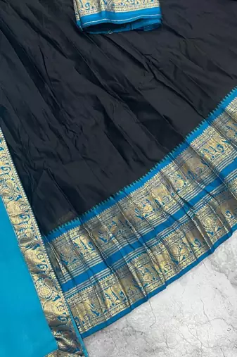 Blue & Black Kanci cottan blend half saree with traditional gold zari weaving work