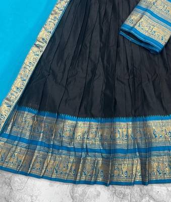 Blue & Black Kanci cottan blend half saree with traditional gold zari weaving work 4