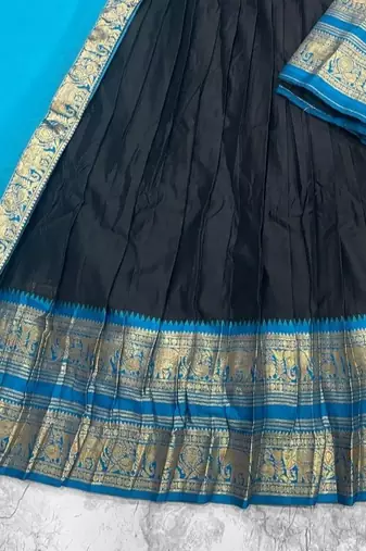 Blue & Black Kanci cottan blend half saree with traditional gold zari weaving work