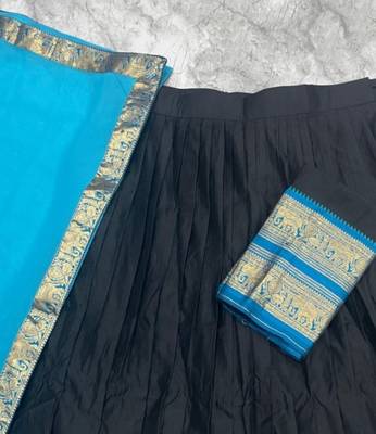 Blue & Black Kanci cottan blend half saree with traditional gold zari weaving work 5