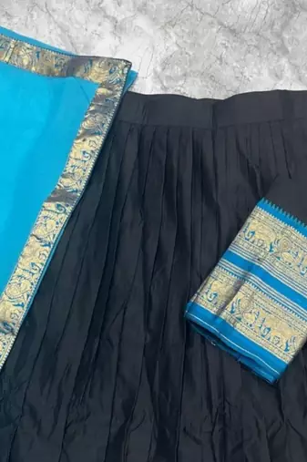 Blue & Black Kanci cottan blend half saree with traditional gold zari weaving work