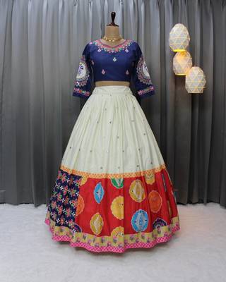 Cream colour Muslin Cotton Digital Print Lehenga Choli with Mirror Work Dupatta 3