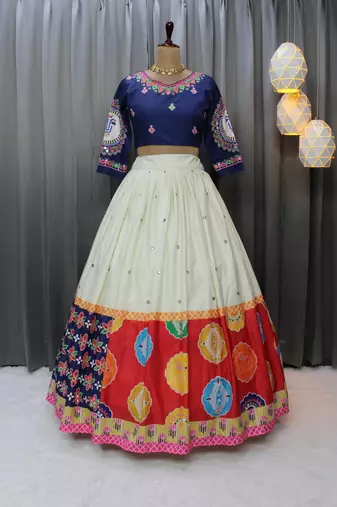 Cream colour Muslin Cotton Digital Print Lehenga Choli with Mirror Work Dupatta