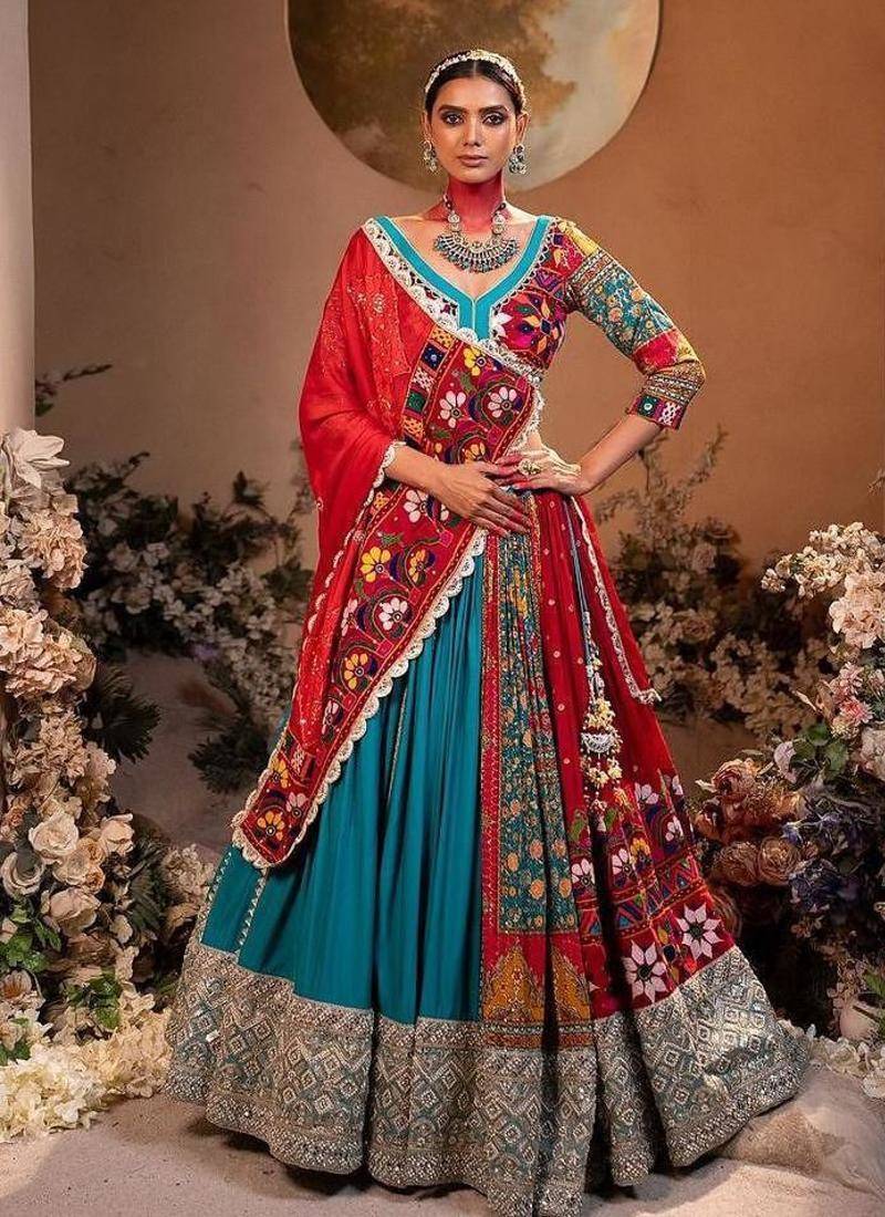 Multicolor Muslin Cotton Digital Print Lehenga Choli with Mirror Work Dupatta