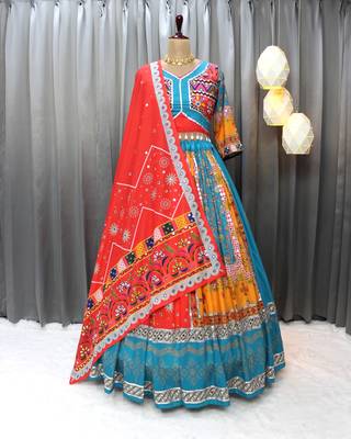 Multicolor Muslin Cotton Digital Print Lehenga Choli with Mirror Work Dupatta 2