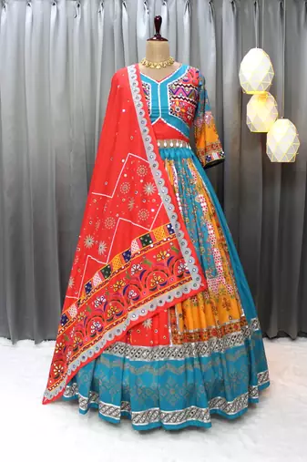 Multicolor Muslin Cotton Digital Print Lehenga Choli with Mirror Work Dupatta