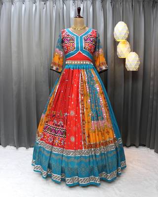 Multicolor Muslin Cotton Digital Print Lehenga Choli with Mirror Work Dupatta 3