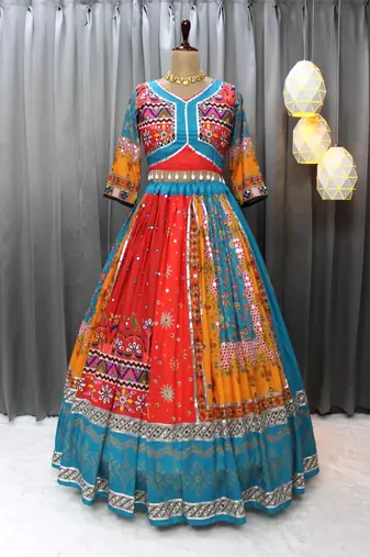 Multicolor Muslin Cotton Digital Print Lehenga Choli with Mirror Work Dupatta