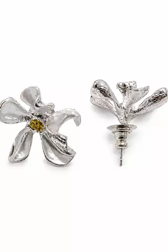 Silver metallic floral stud earrings