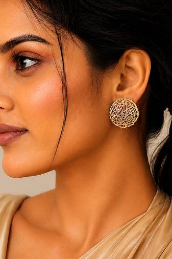 Gold plated metallic round stud earrings